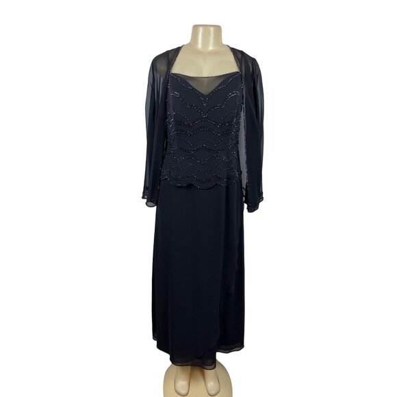 Jade By Jasmine Black Beaded Long 2Pcs Set Evening Dress With Sheer Jacket Sz 16 - Picture 1 of 8